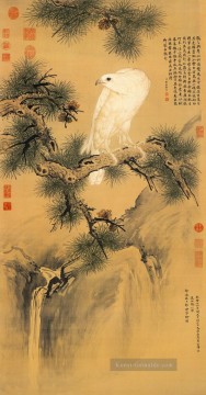 Lang glänzt weißer Vogel auf Kiefer alte China Tinte Giuseppe Castiglione Ölgemälde
